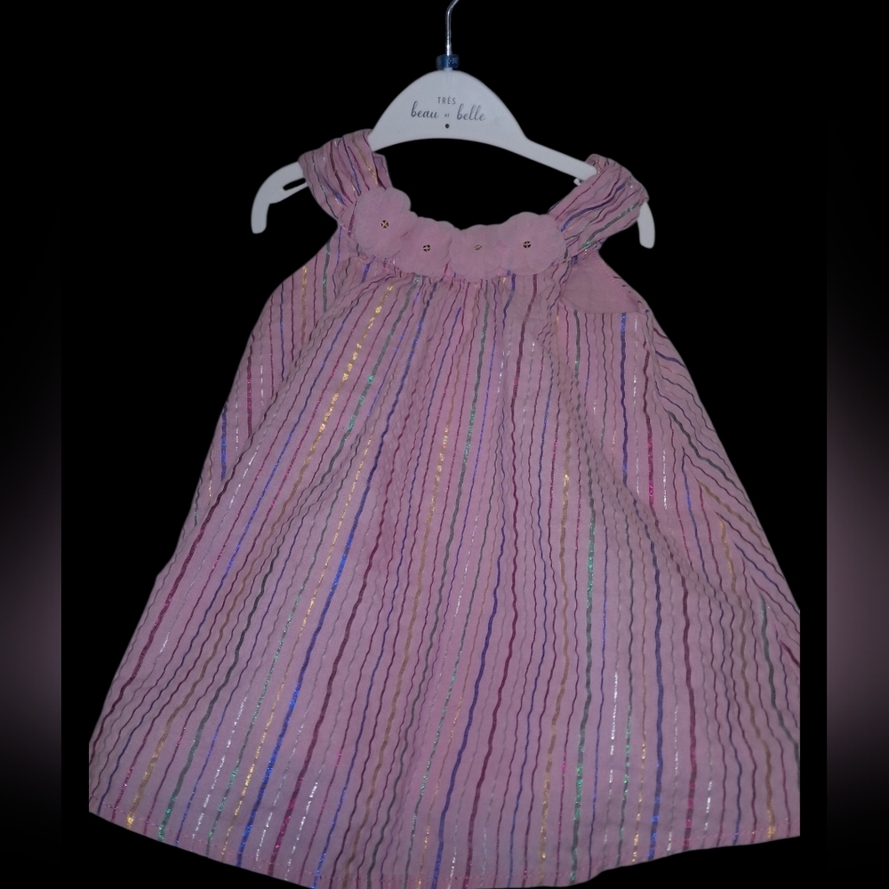 NWOT Girls 4T Pink Striped  Sleeveless Dress With Floral Neck Accents